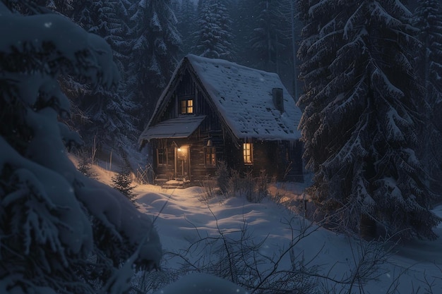 A cozy cabin nestled in a snowy forest