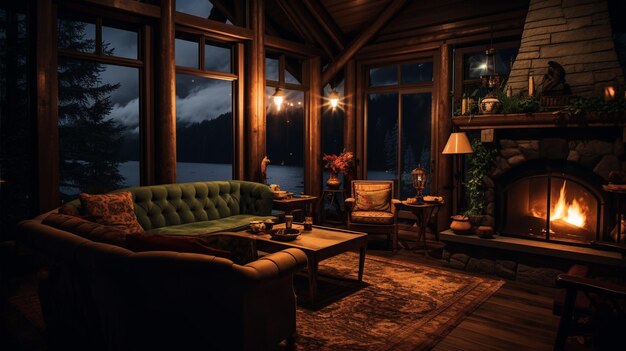 Cozy cabin on a rainy day with a large window and fireplace