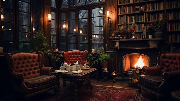 Cozy cabin on a rainy day with a large window and fireplace