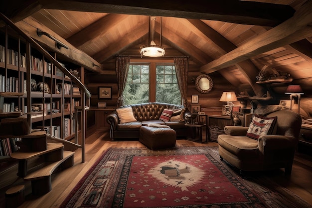 Cozy cabin retreat with cozy reading nook and book collection created with generative ai