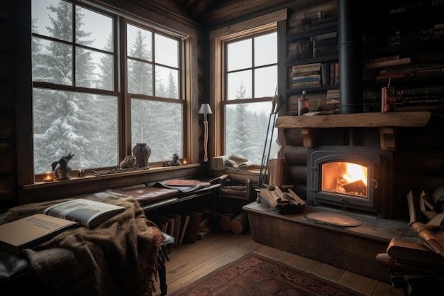生成 AI で作成された、窓際に暖炉と本の山がある居心地の良いキャビンの隠れ家