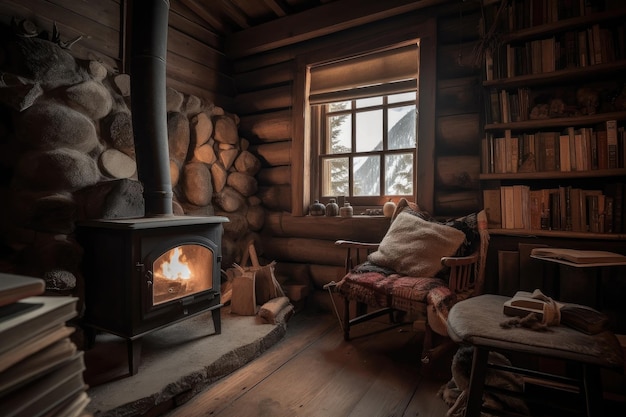 Cozy cabin retreat with stack of books and warm fire for reading created with generative ai