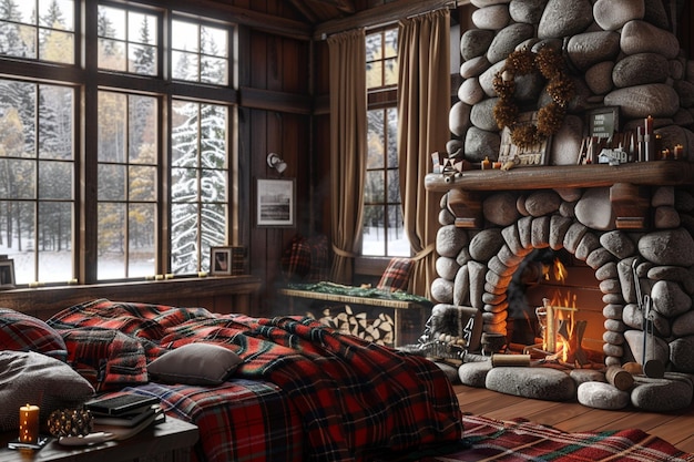 Cozy cabin retreat with a stone fireplace and plai