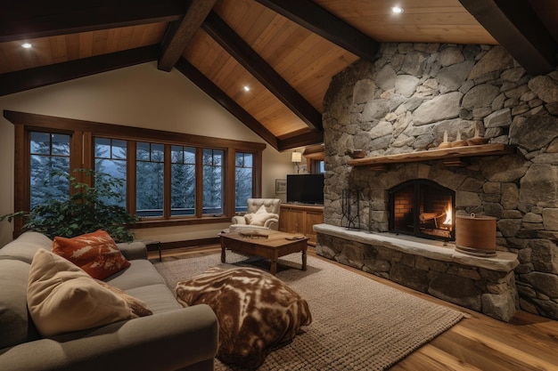 Cozy cabin retreat with stone fireplace and plush rug created with generative ai