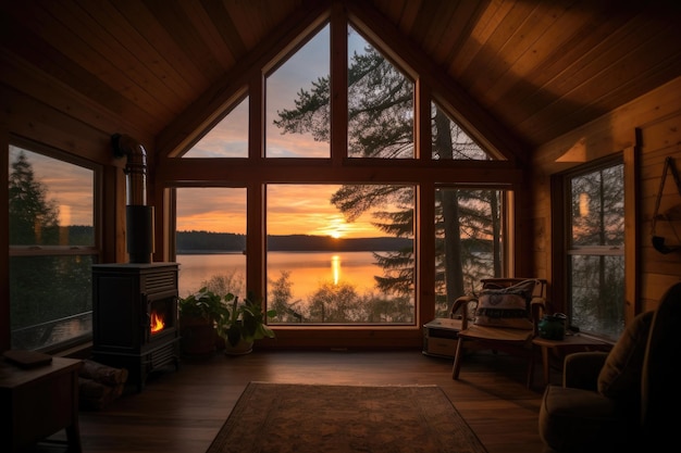 Cozy cabin retreat with view of sunset over the lake created with generative ai