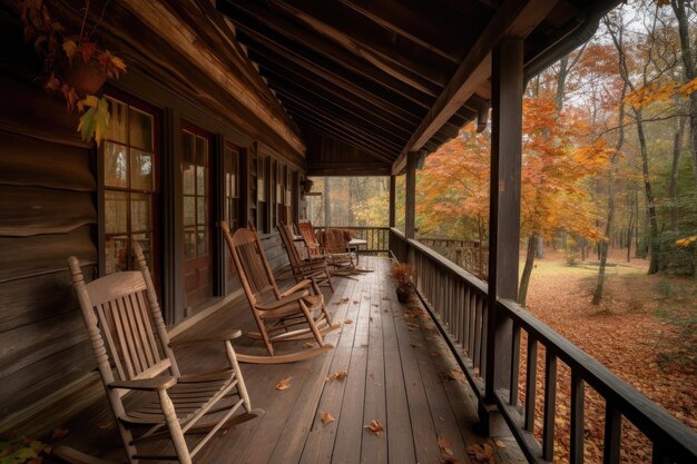 Photo cozy cabin retreat with wraparound porch and rocking chairs created with generative ai