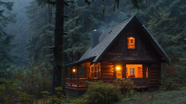 Уютная хижина сидит в лесу, ее окна сияют теплым светом и звуком