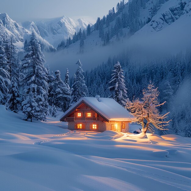 雪に覆われた風景の中の居心地の良い小屋は内側から暖かく照らされています