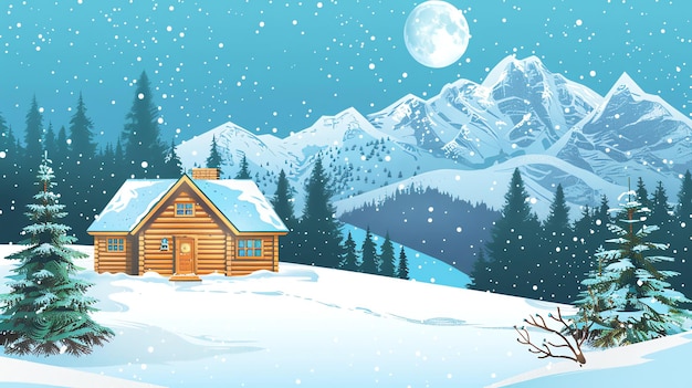 a cozy cabin in the snowy mountains with a full moon in the sky