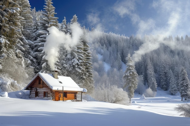 Cozy Cabin in Snowy Winter Forest at Daytime Resplendent