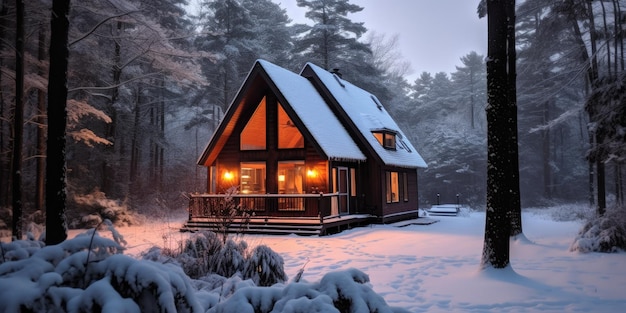 Cozy Cabin in Snowy Woods Smoke Rising from the Chimney Hearthside Warmth