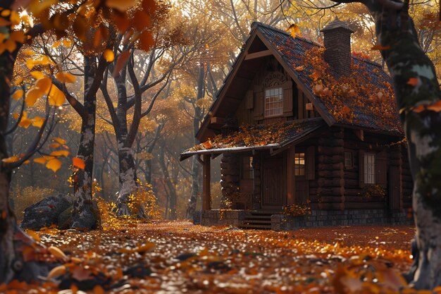 A cozy cabin surrounded by autumn foliage octane r