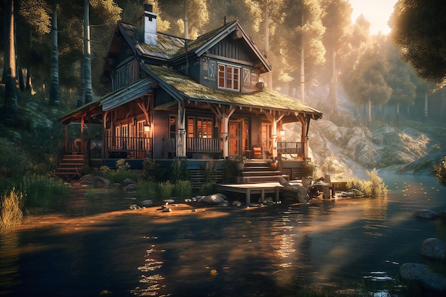 A cozy cabin surrounded by lush forests and a sparkling lake