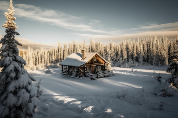 Cozy cabin surrounded by winter forest scenery