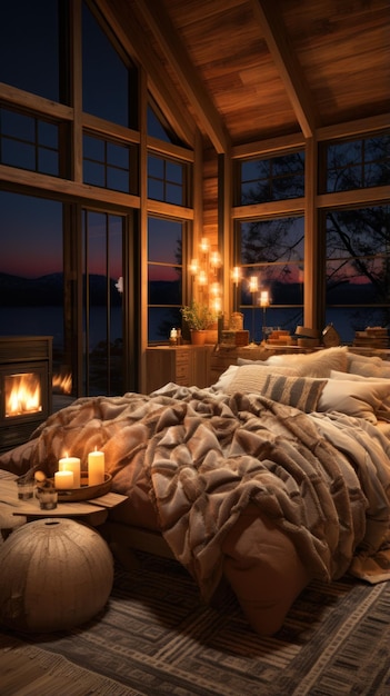 Cozy cabin winter bedroom UHD wallpaper