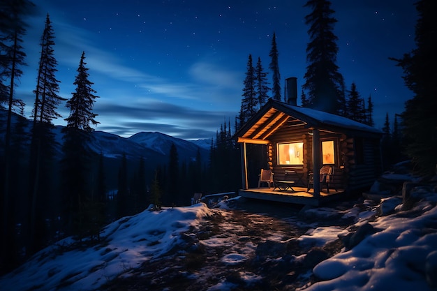 Foto cabina accogliente in una foresta invernale