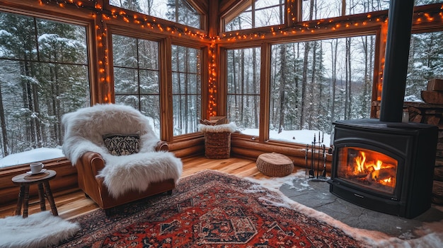 cozy cabin winter scene fire snow view armchair