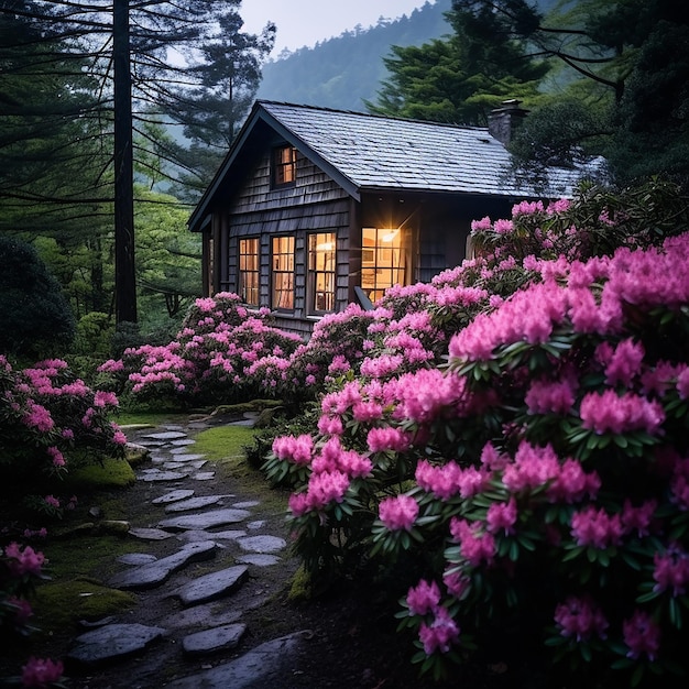 周囲にくロドデンドロンがいている快適な小屋