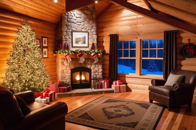 Cozy cabin with glowing christmas tree and warm windows
