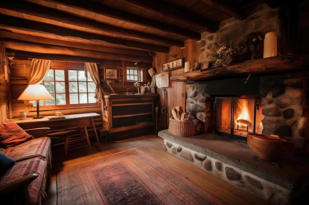 Cozy cabin with roaring fire sitting on the hearth to warm you created with generative ai