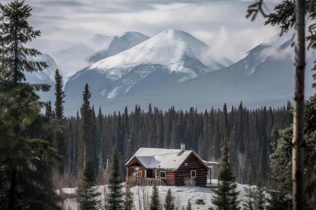 Cozy cabin with view of spruce forest and snowcovered mountains in the background