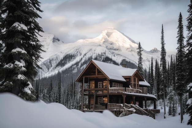 Cozy cabin with view of spruce forest and snowcovered mountains in the background