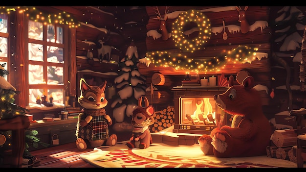 Photo a cozy cabin in the woods is decorated for christmas a bear a fox and a rabbit are sitting in front of the fireplace the bear is reading a book