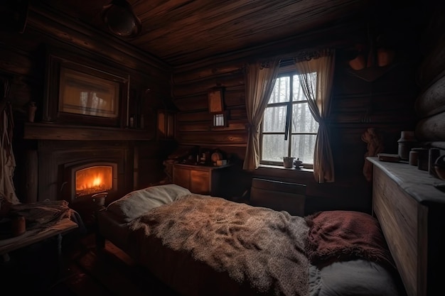 Cozy cabin in the woods with a fire burning and warm blankets on the bed created with generative ai