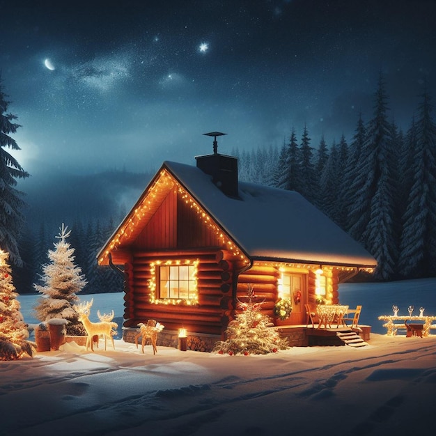 cozy cabin in the woods with a snowcovered landscape Christmas backgrounds images