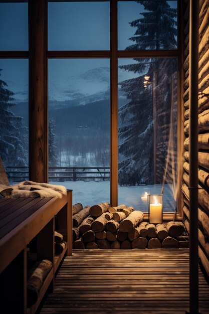 Photo a cozy cabin in the woods with a view of the snowy mountains