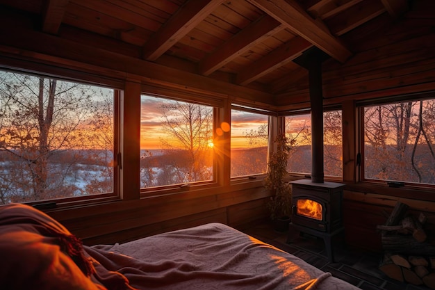 Cozy cabin in the woods with a view of the sunrise over the trees created with generative ai