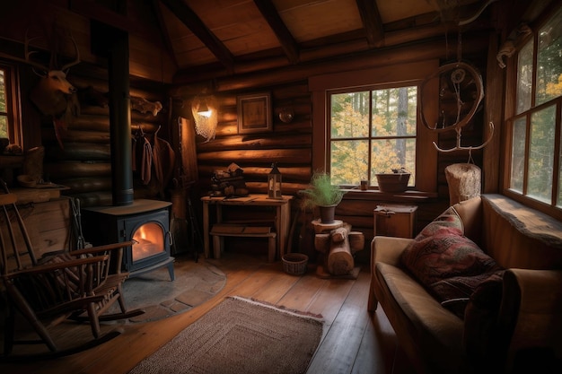 Cozy cabin in the woods with a warm fire and rocking chair created with generative ai