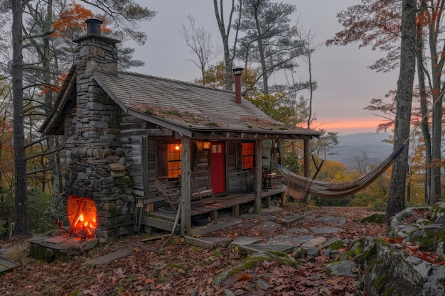 暖かい火と山の景色がある森の中の快適な小屋