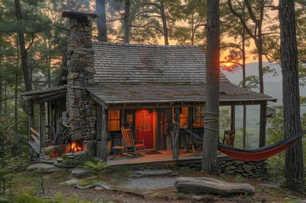 Photo a cozy cabin in the woods with a warm fire and a view of the mountains