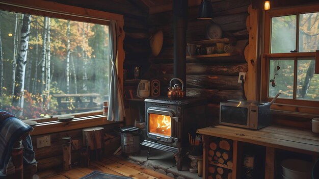 A cozy cabin in the woods with a wood burning stove a kettle and a microwave There is a window with a view of the forest