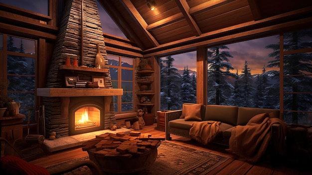 Premium AI Image | Cozy cabin in woods with wood stove interiors at night