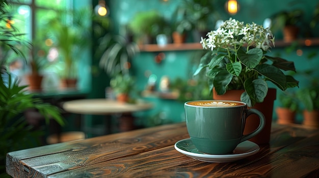 신선한 커피와 식물 장식으로 아한 카페 분위기