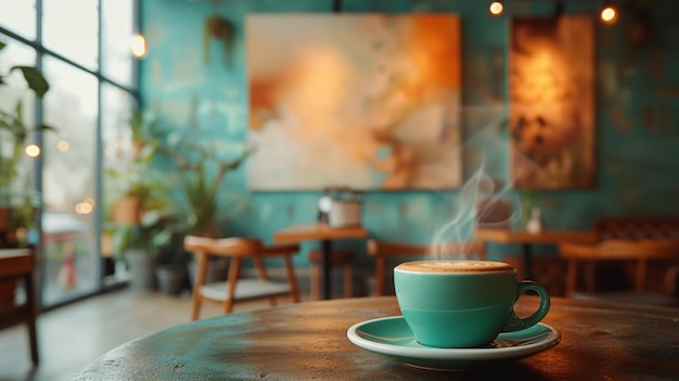 Cozy cafe ambiance with a steaming cup of coffee on a wooden table