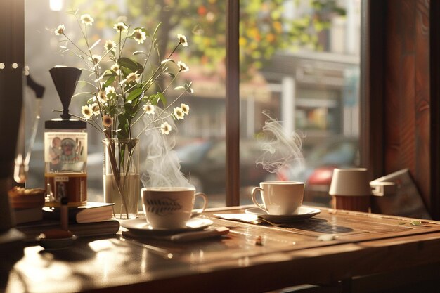 写真 暖かいコーヒーコーナーで蒸したカップのコーヒー