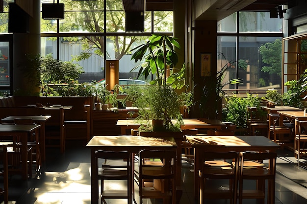 Cozy cafe interior with natural light and wooden furniture empty restaurant waiting for guests serene urban oasis AI