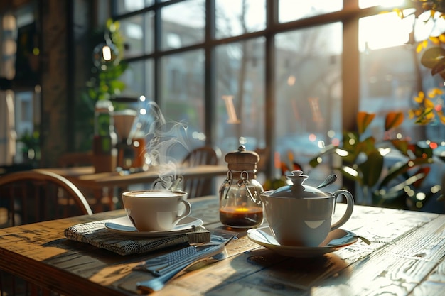 Photo cozy cafe serving steaming cups of coffee and tea