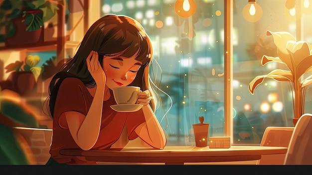 Cozy Cafe Setting Girl Enjoying a Cup of Coffee