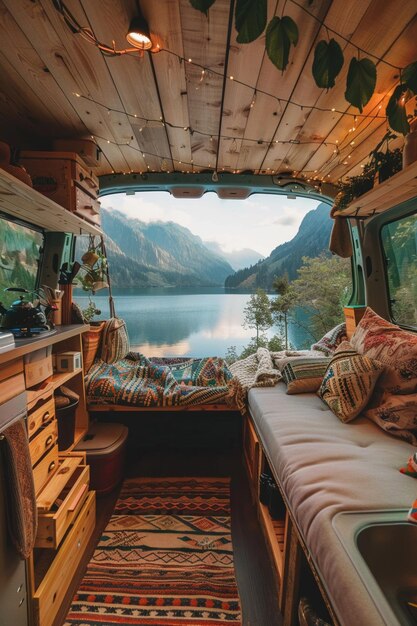 Cozy camper van interior scenic mountain lake view