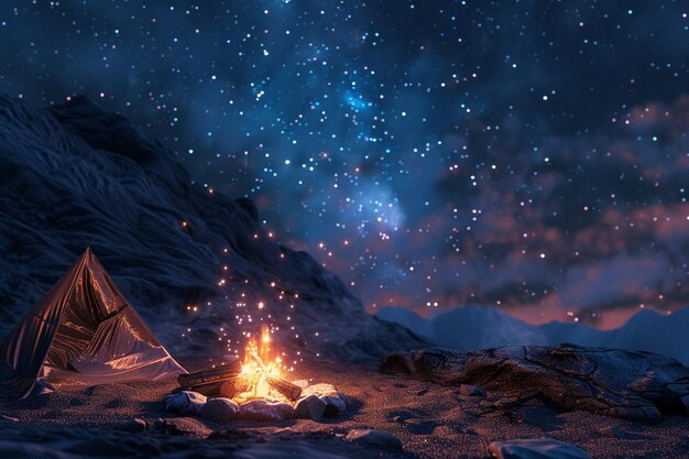 A cozy campfire under a starry sky