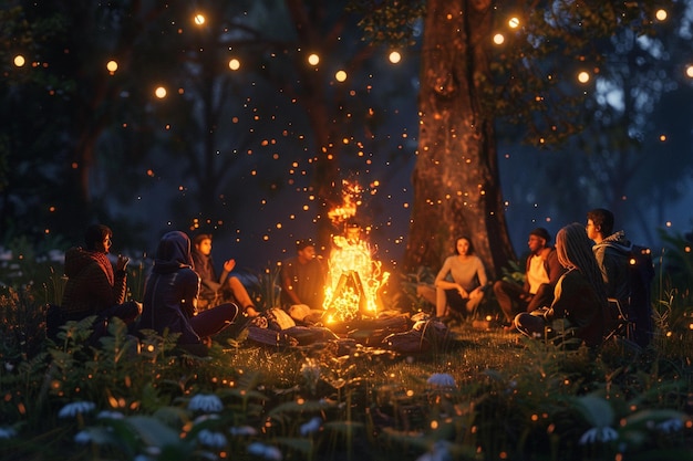 Photo a cozy campfire surrounded by friends sharing stor