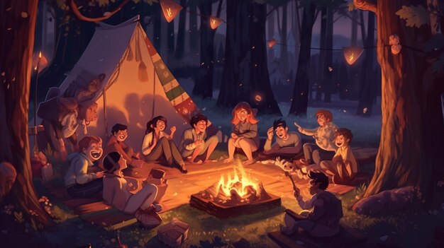 A cozy campfire surrounded by loved ones