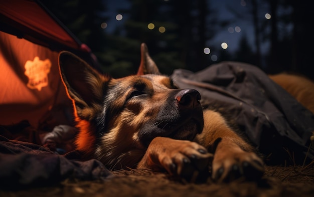 居心地の良いキャンプ 火のそばで飼い主の横で休む犬