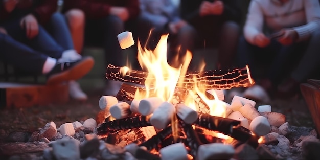 A cozy camping scene with a flickering campfire surrounded by friends roasting marshmallows