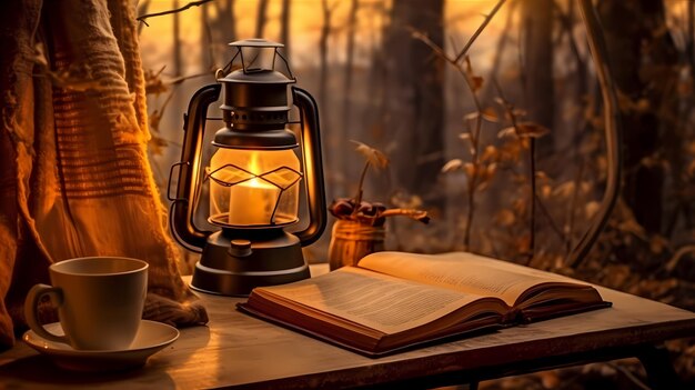 Cozy camping scene with a glowing lantern hanging from a tree branch illuminating the area around it The lantern casts a soft golden light on a rustic camping chair