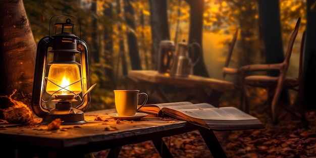 Cozy camping scene with a glowing lantern hanging from a tree branch illuminating the area around it The lantern casts a soft golden light on a rustic camping chair